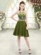 Comfortable A-line Prom Dress Olive Green Halter Top Chiffon Sleeveless Knee Length Zipper
