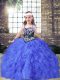 Tulle Straps Sleeveless Lace Up Embroidery and Ruffles Little Girl Pageant Gowns in Blue