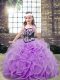 Pretty Lavender Tulle Lace Up Straps Sleeveless Floor Length Little Girls Pageant Gowns Embroidery and Ruffles