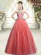 Watermelon Red Tulle Zipper Prom Evening Gown Sleeveless Floor Length Beading