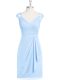 Custom Design Cap Sleeves Chiffon Knee Length Zipper Prom Dresses in Light Blue with Appliques and Ruching