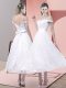 White Lace Criss Cross Strapless Sleeveless Tea Length Prom Gown Belt