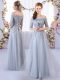 Traditional Half Sleeves Tulle Floor Length Lace Up Quinceanera Court Dresses in Grey with Appliques