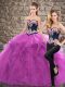 Sleeveless Embroidery and Ruffles Lace Up Sweet 16 Dresses with Purple Sweep Train