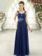 Blue Chiffon Lace Up Prom Party Dress Sleeveless Floor Length Beading and Ruching
