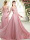 Pink Scoop Neckline Beading Prom Gown Long Sleeves Zipper