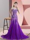Fantastic Scoop Sleeveless Sweep Train Backless Prom Dress Purple Tulle
