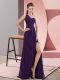 Backless Evening Dress Purple for Prom and Party and Military Ball with Beading and Ruching Sweep Train