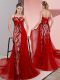 Red Sleeveless Satin Sweep Train Lace Up Homecoming Dress for Prom and Party