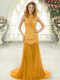Attractive Gold Chiffon Backless Prom Gown Sleeveless Brush Train Lace