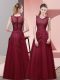 Inexpensive Burgundy Zipper Prom Dresses Lace and Appliques and Belt Sleeveless Floor Length