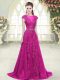 Scoop Cap Sleeves Prom Gown Sweep Train Lace and Appliques Fuchsia Tulle