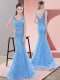 Custom Fit Baby Blue Sleeveless Tulle Sweep Train Backless for Prom and Party and Military Ball