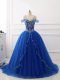 Royal Blue Ball Gowns Tulle Off The Shoulder Sleeveless Beading Lace Up Sweet 16 Dress Brush Train