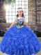 Attractive Ball Gowns Child Pageant Dress Blue Straps Organza Sleeveless Floor Length Lace Up