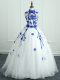 Shining White High-neck Zipper Appliques Ball Gown Prom Dress Sleeveless