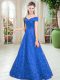 Graceful Blue Lace Lace Up Off The Shoulder Sleeveless Floor Length Prom Party Dress Beading Graceful Blue Lace Lace Up Off The Shoulder Sleeveless Floor Length Prom Party Dress Beading