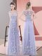 Lavender Tulle Zipper Prom Dresses Cap Sleeves Floor Length Beading and Appliques