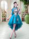 Great Half Sleeves Tulle High Low Zipper Prom Evening Gown in Teal with Appliques
