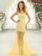 Gold Tulle Zipper Sweetheart Sleeveless Prom Dress Brush Train Beading