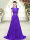Pretty Purple Tulle Zipper Scoop Cap Sleeves Homecoming Dress Brush Train Lace and Appliques