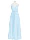 Chiffon Halter Top Sleeveless Zipper Ruching and Pleated Prom Evening Gown in Light Blue