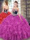 Fuchsia Quinceanera Gowns Military Ball and Sweet 16 and Quinceanera with Embroidery and Ruffles Sweetheart Sleeveless Sweep Train Lace Up