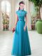Floor Length Aqua Blue Prom Evening Gown High-neck Cap Sleeves Lace Up