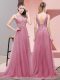 Sleeveless Tulle Sweep Train Lace Up Prom Dress in Pink with Lace