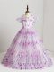 V-neck Short Sleeves Little Girl Pageant Dress Floor Length Hand Made Flower Lilac Tulle
