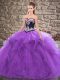 Purple Ball Gowns Sweetheart Sleeveless Tulle Floor Length Lace Up Beading and Embroidery Sweet 16 Dresses