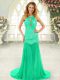 Fancy Turquoise Backless Scoop Lace Prom Evening Gown Chiffon Sleeveless Brush Train