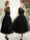 Flirting Black Side Zipper Prom Gown Ruching Sleeveless Tea Length