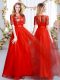 Graceful Empire Quinceanera Dama Dress Red Scoop Tulle Short Sleeves Floor Length Zipper