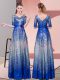 Royal Blue Empire Sequined V-neck Half Sleeves Ruching Floor Length Zipper Prom Party Dress