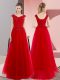 On Sale Sweep Train A-line Prom Gown Red V-neck Tulle Short Sleeves Floor Length Lace Up