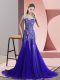 A-line Sleeveless Blue Prom Party Dress Sweep Train Backless