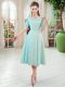 Apple Green Zipper Prom Gown Beading Half Sleeves Tea Length