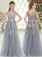 High End Grey V-neck Neckline Appliques Prom Evening Gown Sleeveless Zipper