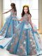 Appliques Little Girls Pageant Dress Blue Backless Sleeveless Court Train