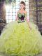 Cute Sweetheart Sleeveless Quinceanera Dresses Sweep Train Embroidery and Ruffles Yellow Green Tulle
