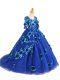 V-neck Half Sleeves Tulle Pageant Gowns For Girls Beading and Appliques Brush Train Zipper