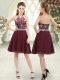 Burgundy A-line Chiffon Halter Top Sleeveless Beading Knee Length Zipper Prom Evening Gown
