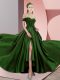 Modest Green Elastic Woven Satin Backless Prom Gown Sleeveless Sweep Train Beading