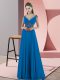 Blue Backless V-neck Beading Prom Gown Satin Sleeveless Sweep Train