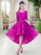 Glittering Fuchsia A-line Lace Prom Party Dress Zipper Half Sleeves High Low