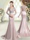Pink Satin Sweep Train Long Sleeves Beading and Lace