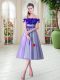 Lavender A-line Tulle Off The Shoulder Sleeveless Appliques Tea Length Lace Up
