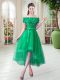 Fantastic Short Sleeves Tulle High Low Lace Up Prom Dresses in Green with Appliques