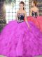 Fuchsia Tulle Lace Up Quince Ball Gowns Sleeveless Floor Length Beading and Embroidery